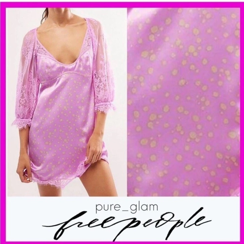 Free People About That Mini Dress Sz XS Pink Polka Dot Satin Lace Party